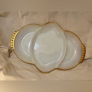 Vintage Fire King Oven Ware Divided Milk Glass Dish Gold Hobnail edging